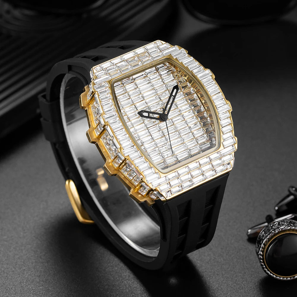 Luxury Men Square Diamond Quartz Watch Rubber Band
